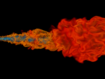 Pyörteilevä, turbulentti vetyiekki (simulointikuva). Ilya Morev ja Ville Vuorinen, Aalto-yliopisto_Original